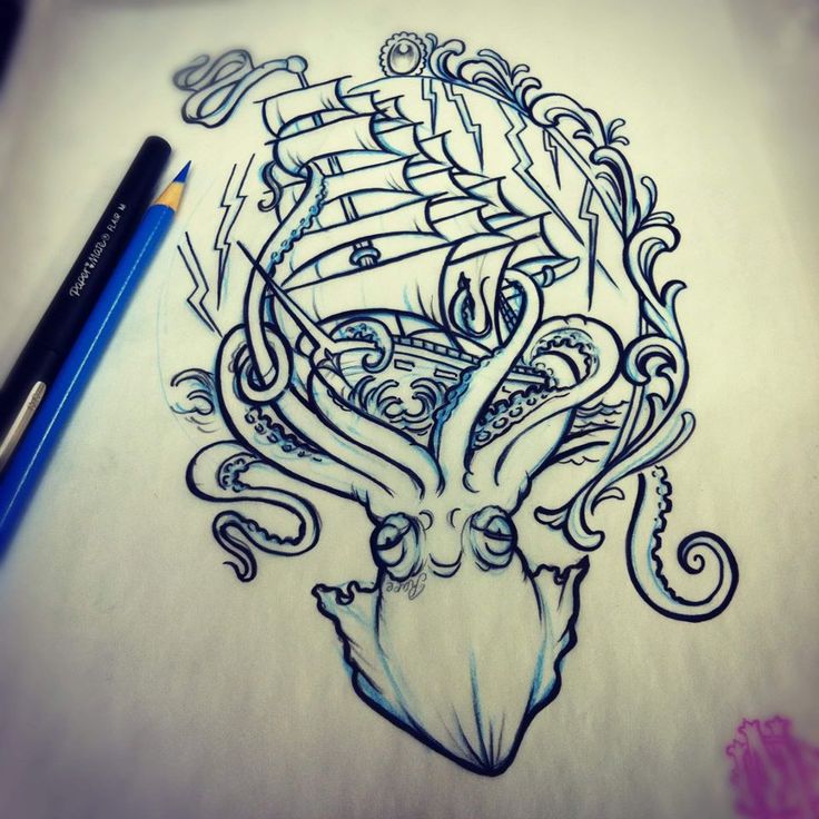 Calm octopus crushing a huge ship tattoo design