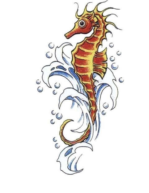 Calm orange seahorse on blue water splash tattoo design