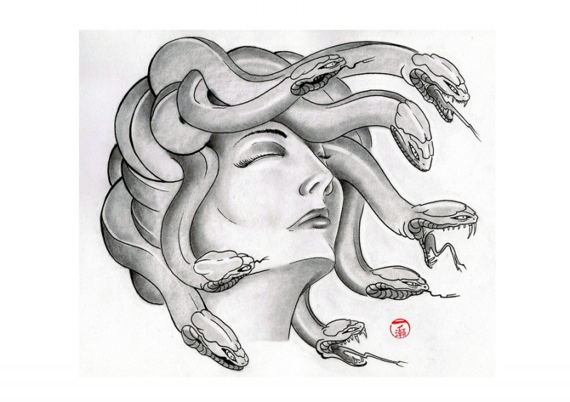 Calm sleeping medusa gorgona tattoo design by Laranj4