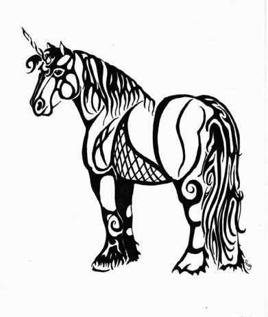 Calm standing tribal style unicorn tattoo design