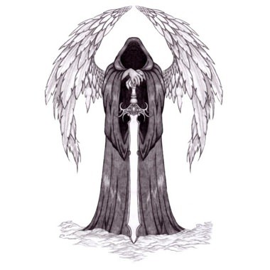 Morte cinza-e-preta estática calma com um desenho de tatuagem de espada