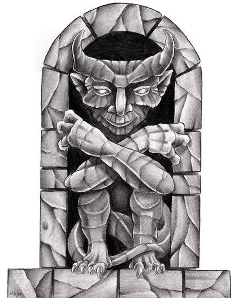 Calm stone gargoyle with crossed hands on chest tattoo design