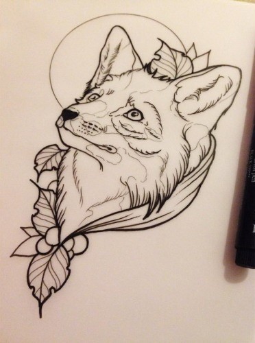 Calm uncolored new school fox portrait tattoo design