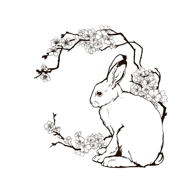 Calm white rabbit sitting at the cherry blossom fencing tattoo design