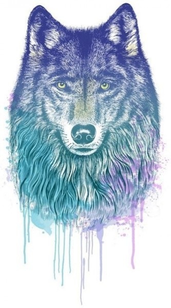 Calm wolf portrait with purple-and-turquoise smudges tattoo design