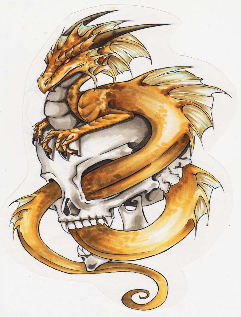 Calm yellow dragon protecting his skull tattoo design