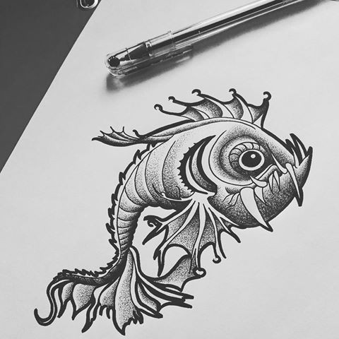 Carton predatory fish with huge jaws tattoo design