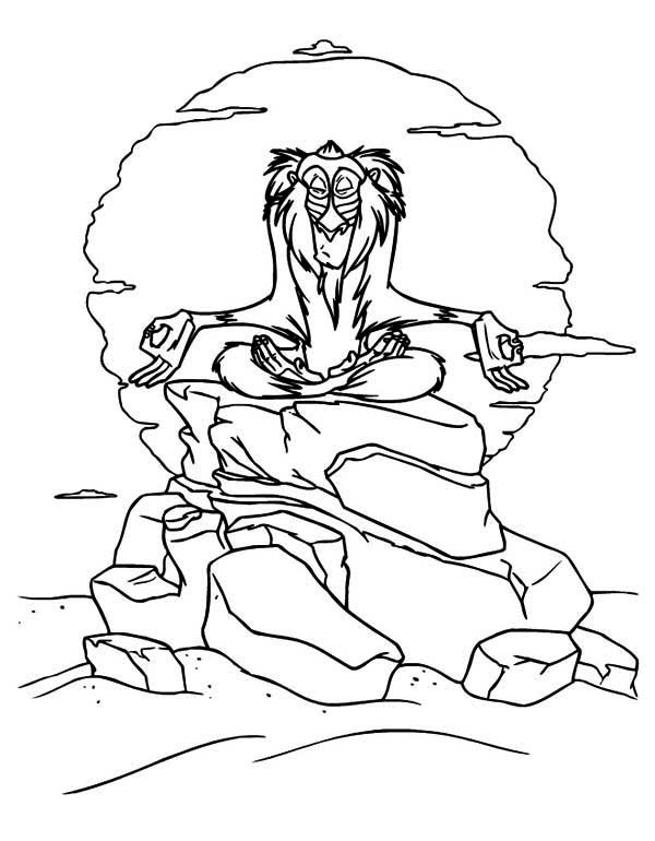 Cartoon baboon meditating on high rock on sun background tattoo design