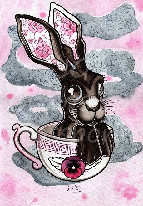 Cartoon black hare in cup curled with grey smoke tattoo design