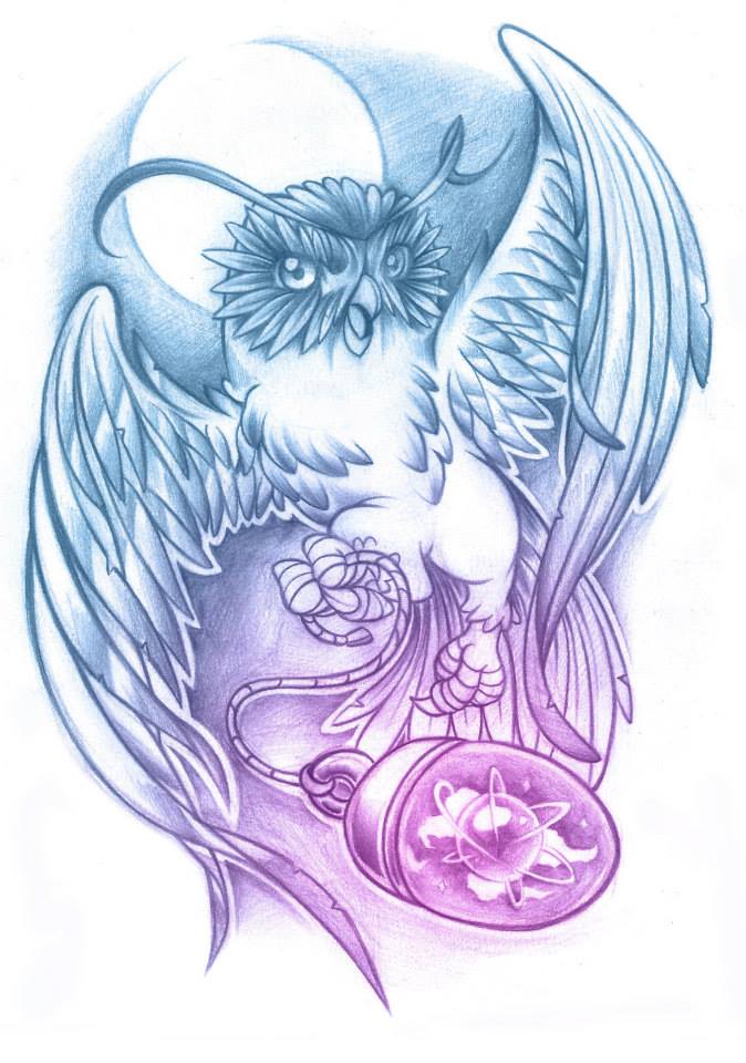 Cartoon blue-and-purple owl keeping a lamp tattoo design