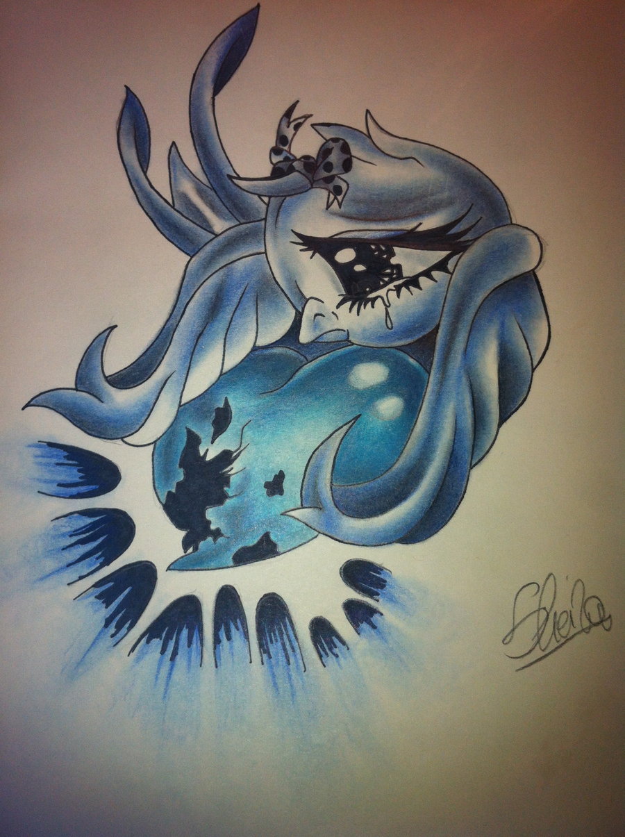 Cartoon blue crying bird with shining heart tattoo design