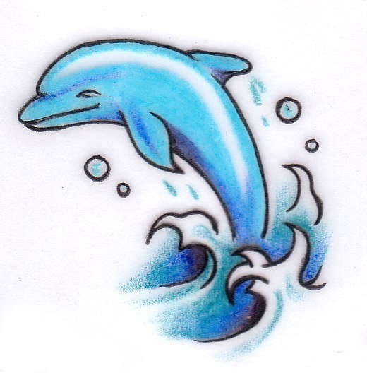 Cartoon blue dolphin with water splashes and bubbles tattoo design
