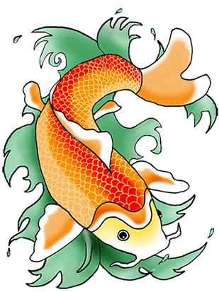 Cartoon bright orange fish in green water tattoo design