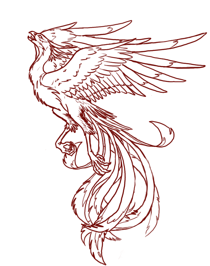 Cartoon burgundy-line contoured phoenix tattoo design
