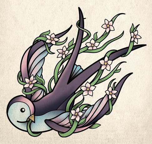 Cartoon colorful bird curled with flower stems tattoo design