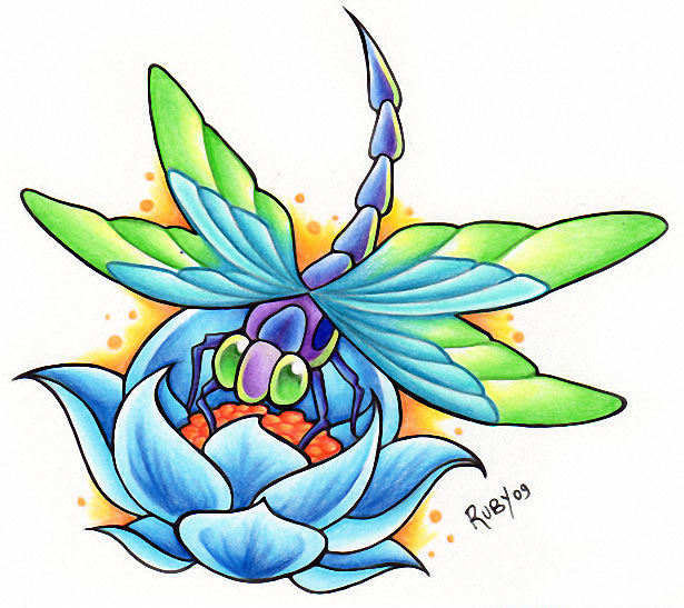 Cartoon colorful dragonfly on lotu flower tattoo designs