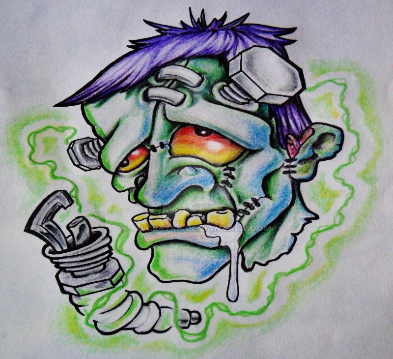 Cartoon colorful franken zombie with biomechanical elements tattoo design