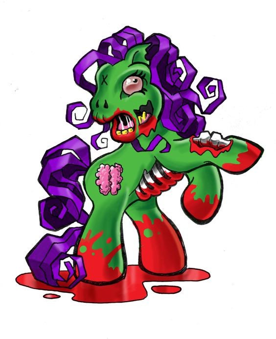 Cartoon colorful zombie pony with curly purple mane tattoo design