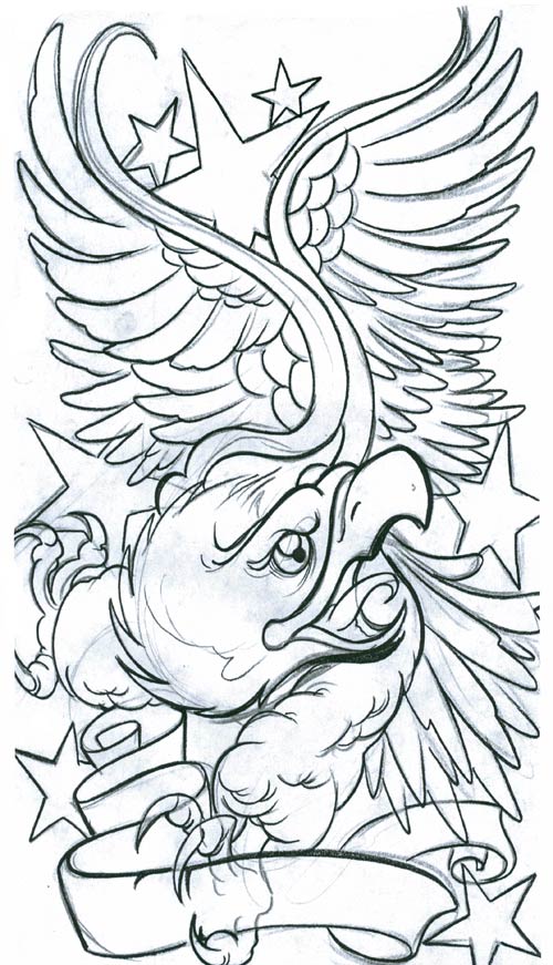 Cartoon eagle with banner and stars tattoo design