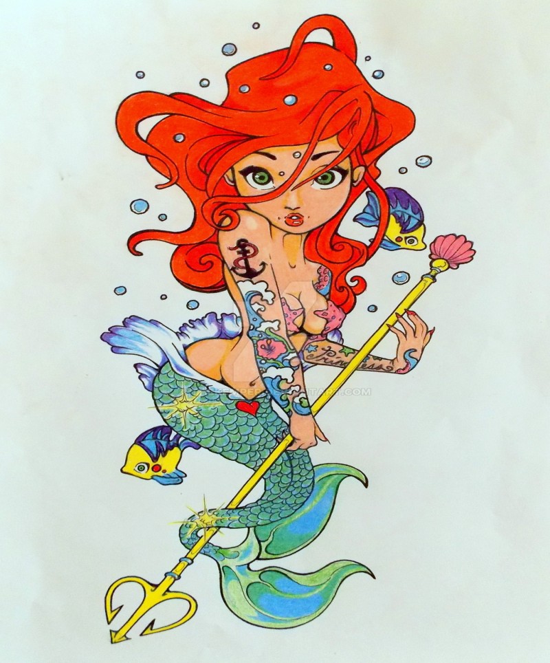 Cartoon ginger mermaid with golden trident tattoo design by The Kemper