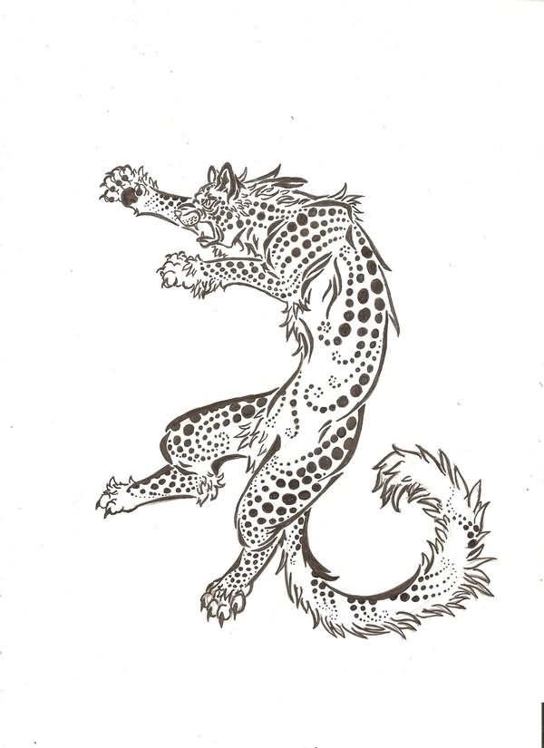 Cartoon grey-ink flying leopard tattoo design