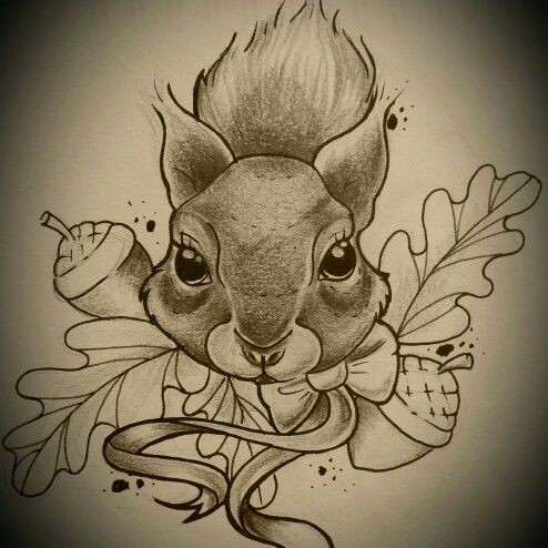Cartoon grey-ink squirrel head with bow and acorns tattoo design