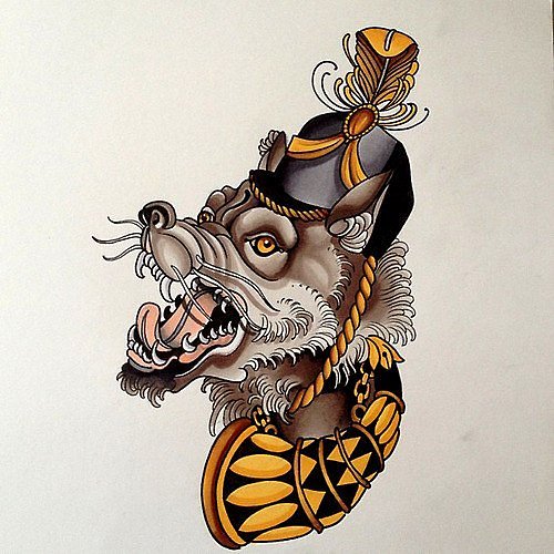 Cartoon grey wolf in a beautiful yellow-and-black hat tattoo design