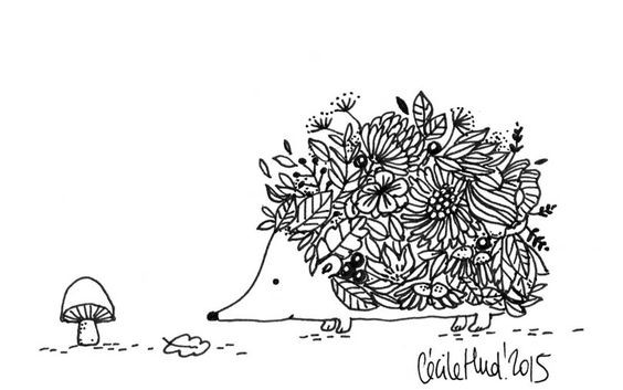 Cartoon hedgehog with flowered back finding a mushroom tattoo design