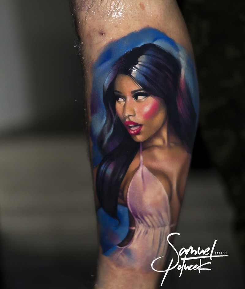 Cartoon like colored leg tattoo of Nickey Minaj