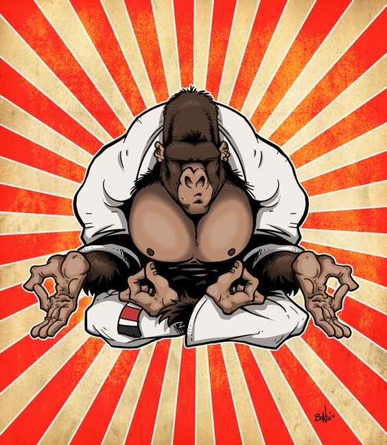 Cartoon maditating gorilla in white suit tattoo design