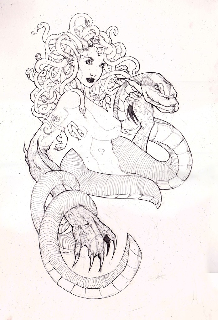 Cartoon medusa gorgona curled with a giant snake tattoo design by Jjakec