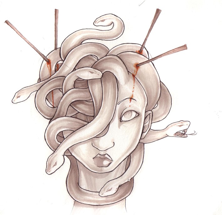 Cartoon medusa gorgona head with pierced bleeding snakes tattoo design