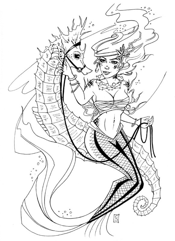 Cartoon mermaid playing with seahorse tattoo design