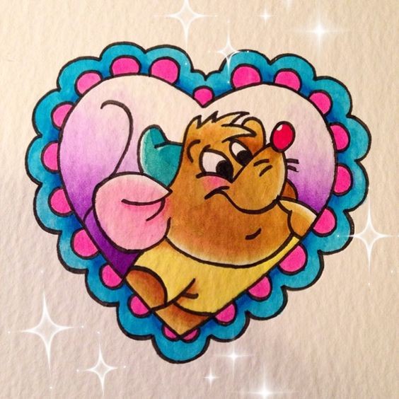Cartoon multicolor mouse in heart frame tattoo design