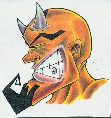 Cartoon orange devil with curled beard and a sign on the tooth tattoo design