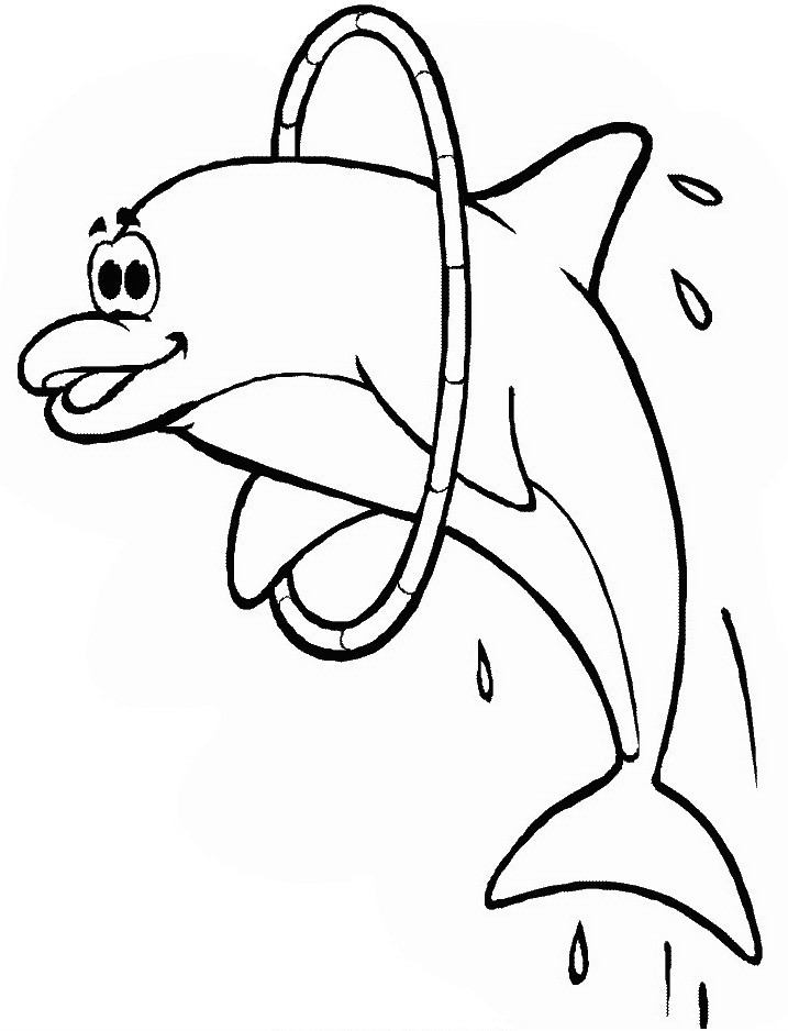 Cartoon outline dolphin jumping through hoop tattoo design