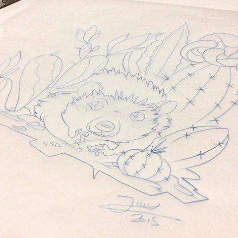 Cartoon outline hedgehog surrounded with cactuses tattoo design