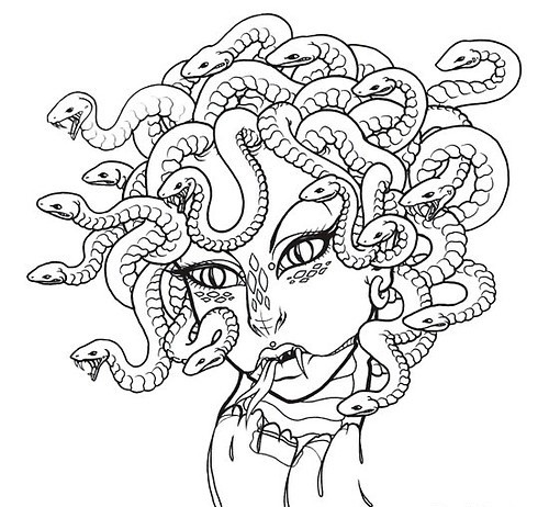 Cartoon outline hissing medusa gorgona head tattoo design