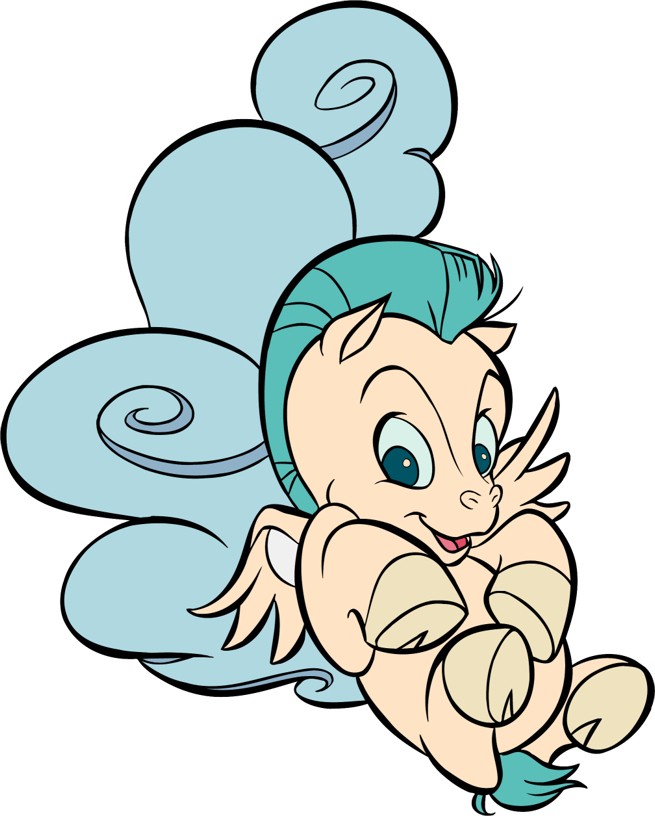 Cartoon pegasus with a turquoise mane lying on a blue fluffy cloud tattoo design