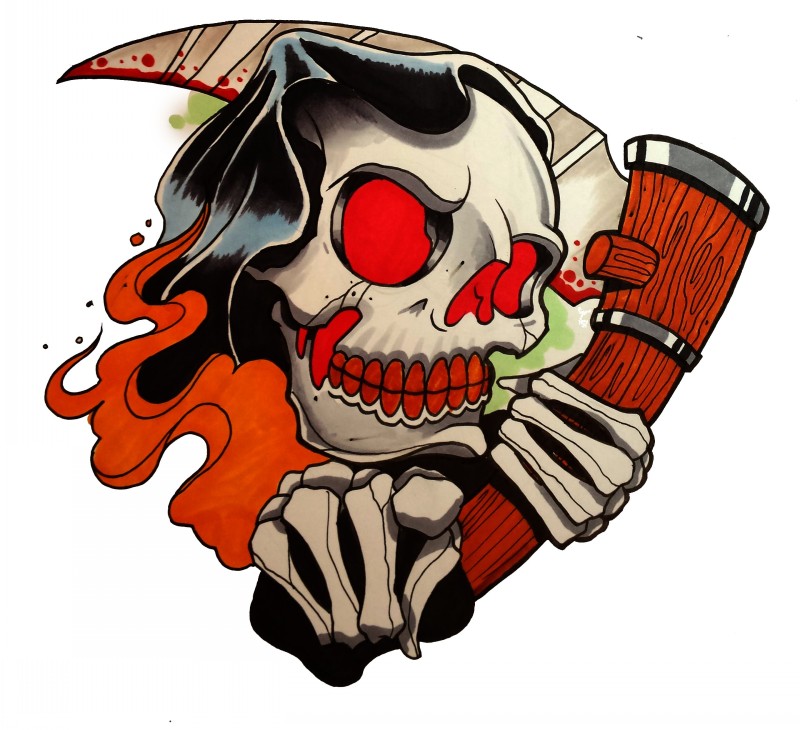 Cartoon red-eyed death skull with a wooden scythe tattoo design