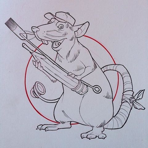 Cartoon rodent in cap keeping a huge pencil tattoo design