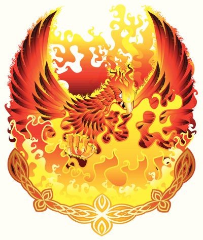 Cartoon scorching phoenix in flame tattoo design