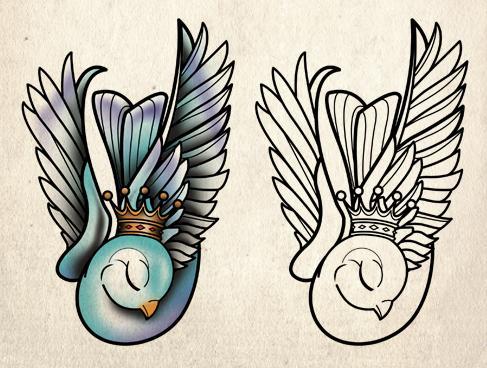 Cartoon sleeping dove in crown tattoo design