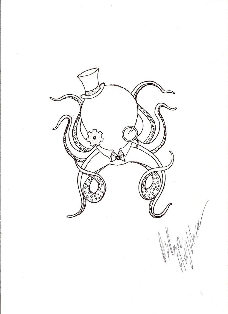 Cartoon small uncolored steampunk octopus tattoo design by Die666direngrey