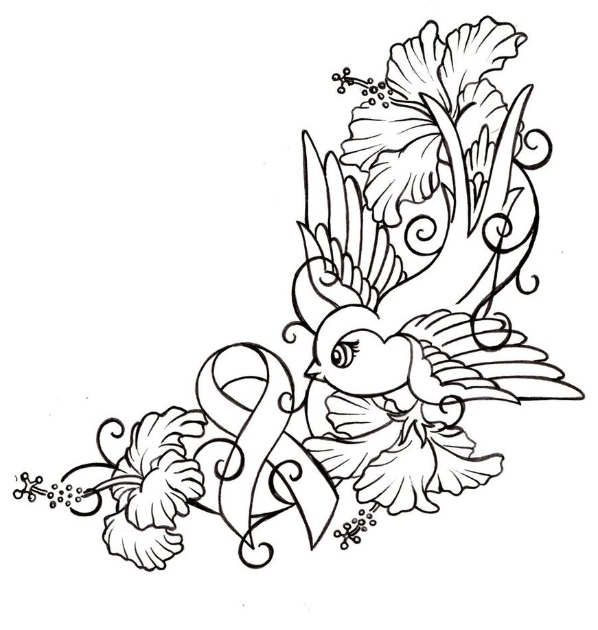 Cartoon uncolored bird and hibiscus flowered tattoo design