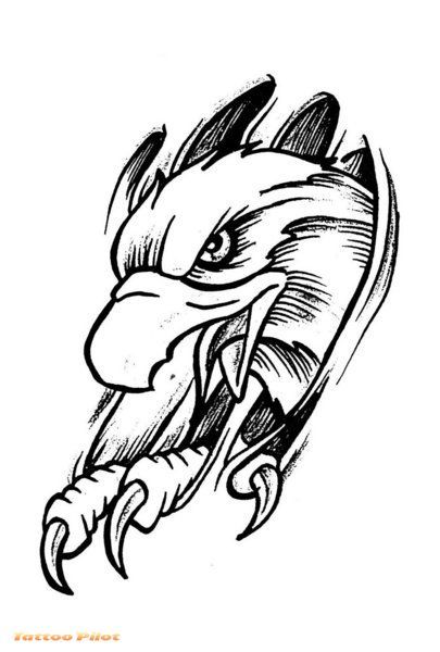 Cartoon uncolored eagle tearing white background tattoo design