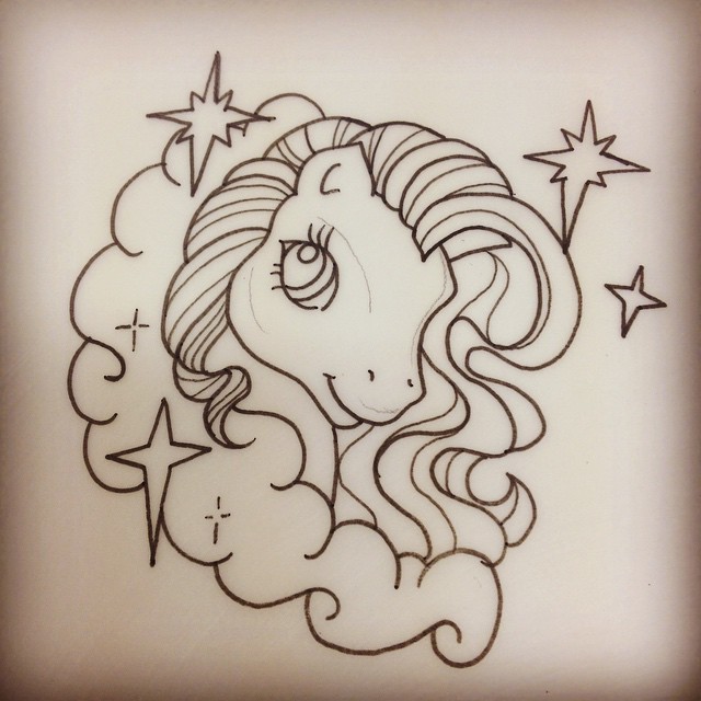 Cartoon uncolored horse in starred clouds tattoo design