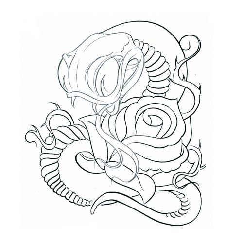 Cartoon uncolored snake embracing rose bud tattoo design
