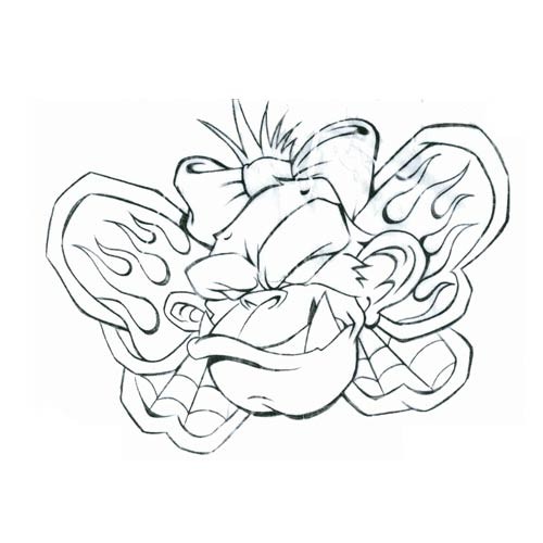 Cartoon uncoloreed monkey face with butterfly wings background tattoo design