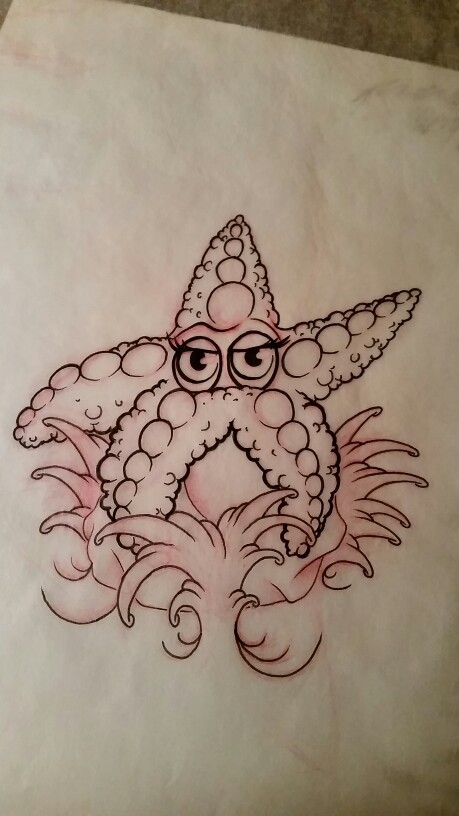 Cartoon waving starfish with eyes standing in water tattoo design
